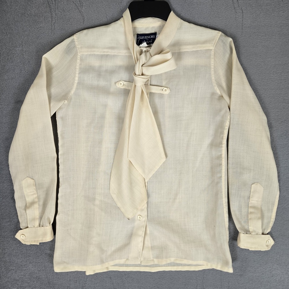 VINTAGE Givenchy Top Women 8 Beige Blouse Semi-Sheer P*ssy Bow For Chesa USA 70s